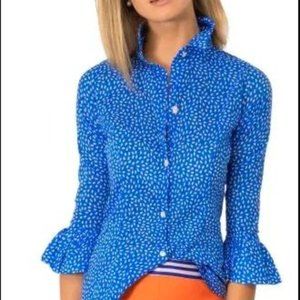 GRETCHEN SCOTT Women's PRISS SEED Button Down Ruffle Sleeve BLOUSE BLUES Sz XL